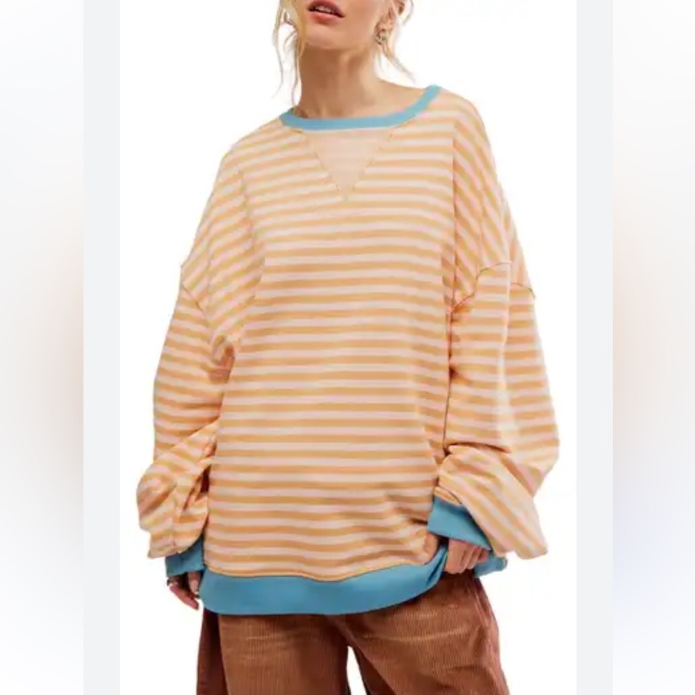 We The Free Free People Classic Striped Oversized Crewneck, Latte Combo, NWOT